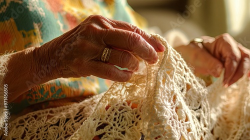 Craftsmanship in Lace: A Close-Up of Knitting Hands photo
