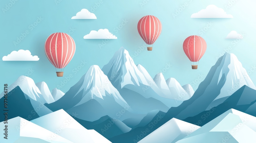 Mountain landscape with hot air balloons in the sky Ideal wallpaper design for children s rooms Vector graphic Mountain landscape with hot air balloons in the sky Ideal wallpaper design for children s rooms Vector graphic