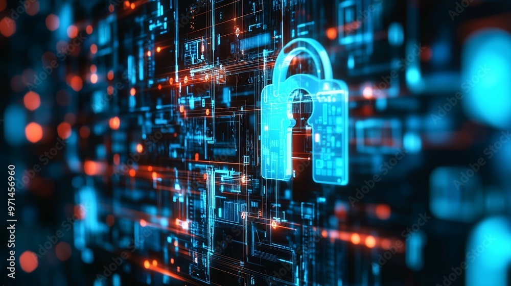 Fototapeta premium Digital security system displaying a glowing padlock amidst a matrix of interconnected circuits and data streams in a high-tech environment