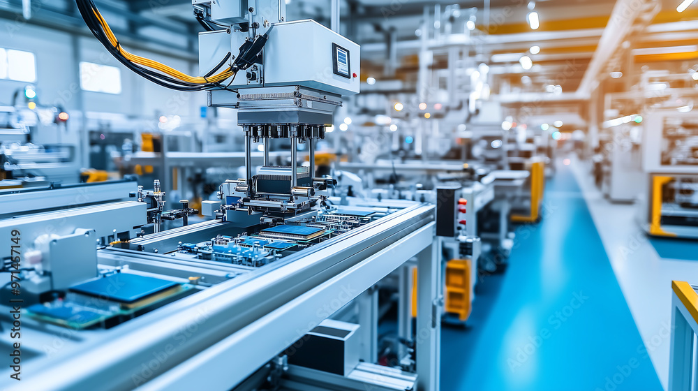 Automated Factory Machines Assembling Circuit Boards in a High-Tech Facility Automated Factory Machines Assembling Circuit Boards in a High-Tech Facility