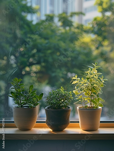 Three potted plants on a windowsill with a blurred green background.