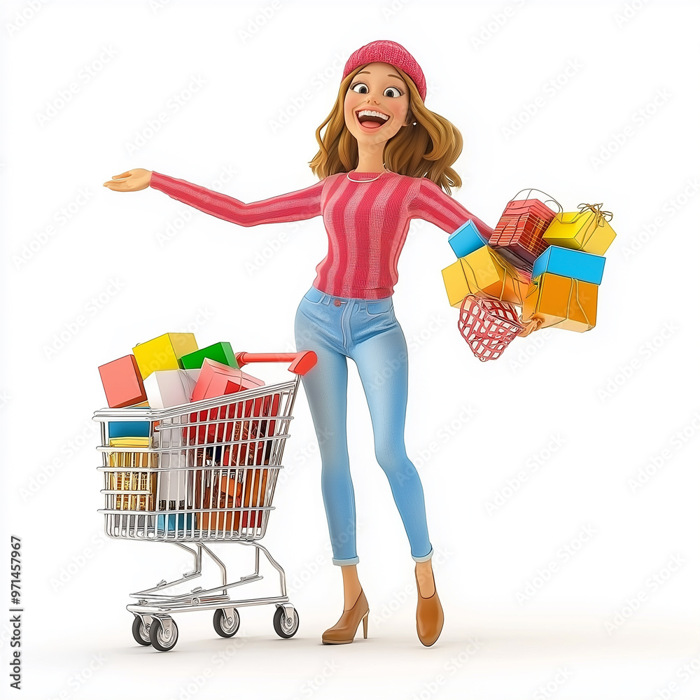 3D Black friday Bargain Hunter a cheerful woman in casual clothing, pushing a shopping cart 3D Black friday Bargain Hunter a cheerful woman in casual clothing, pushing a shopping cart