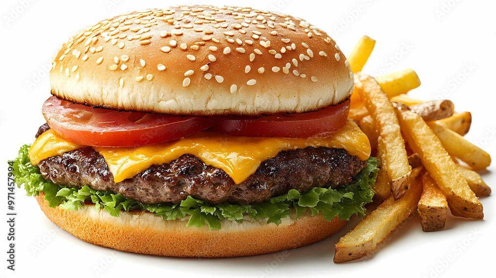 A cheeseburger with lettuce, tomato, and fries, showcasing a classic fast-food meal. A cheeseburger with lettuce, tomato, and fries, showcasing a classic fast-food meal.