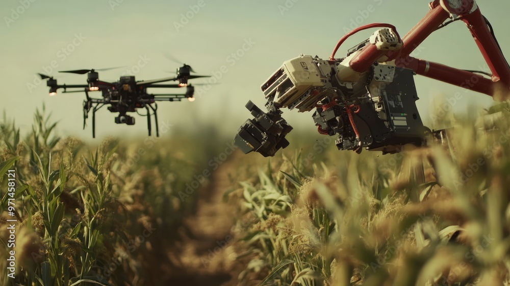 Cutting-edge farm tools with a robotic arm and drone enhancing productivity and efficiency Cutting-edge farm tools with a robotic arm and drone enhancing productivity and efficiency