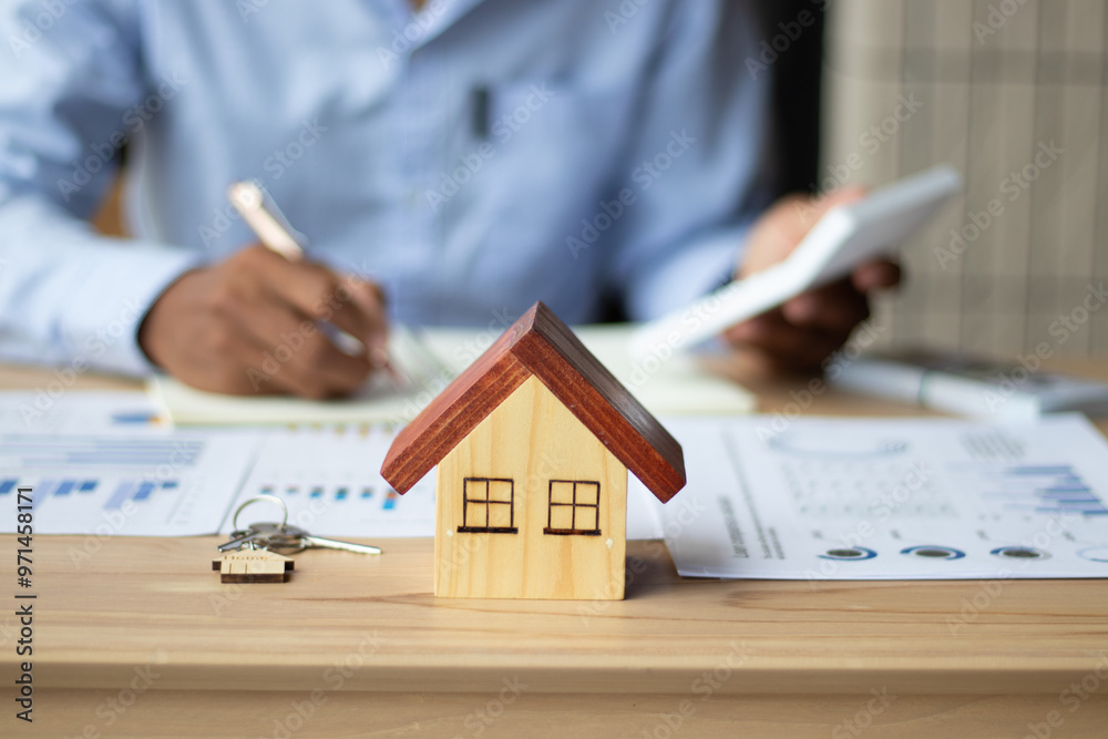 Fototapeta premium A businessman, a real estate sales representative, is analyzing the company's profits with his planned success graph.