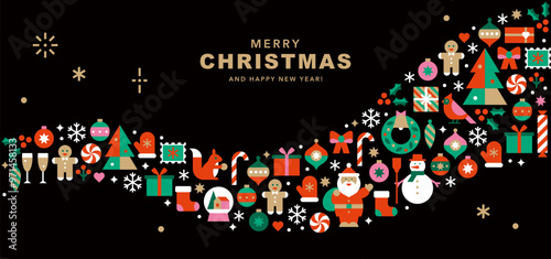 Horizontal banner with Christmas and New Year icons in abstract modern geometric flat style.Seasons greetings.Happy holidays.Winter template for card, invitation or advertising.Vector illustration.
