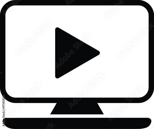 Laptop with play button. Icon with shadow on white background