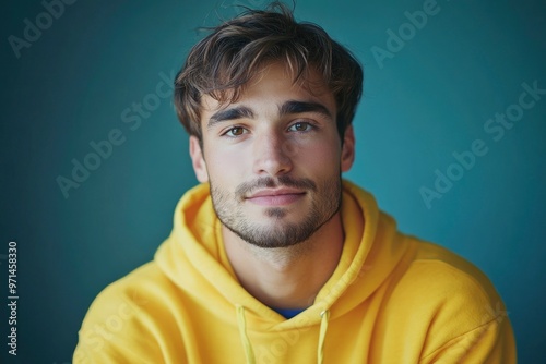 Portrait of handsome young man in yellow hoodie on color background with generative ai