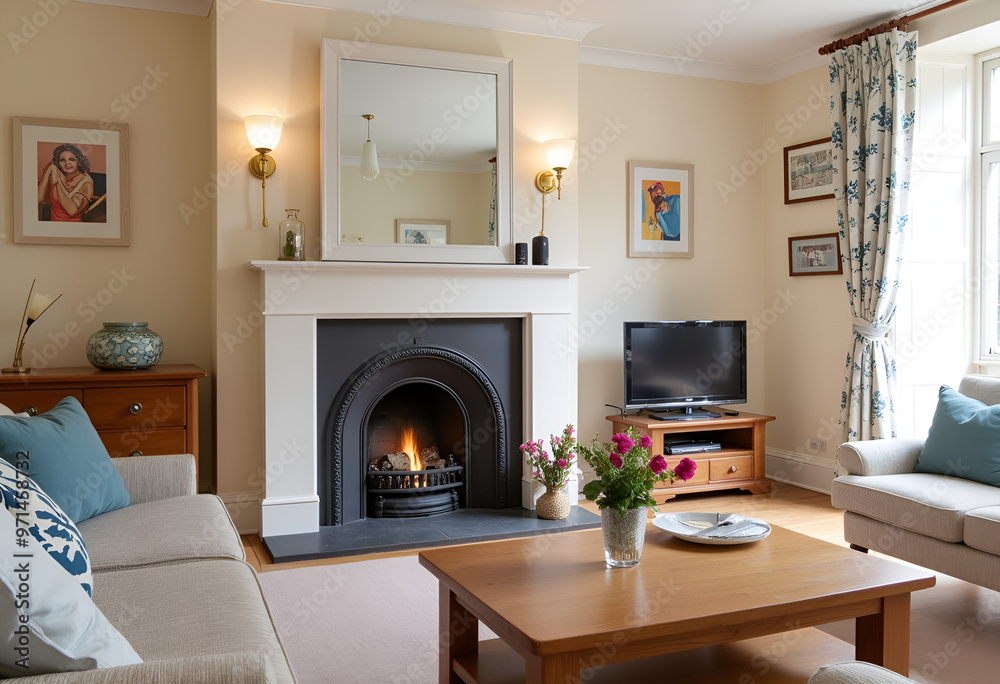 Fototapeta premium Domestic livingroom with fireplace