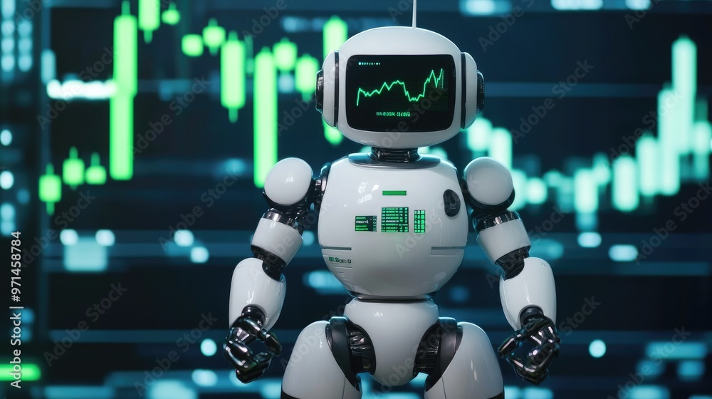 Fototapeta premium Robot Analyzes Data on Screen with Green Chart - Future Technology, Automation, Artificial Intelligence