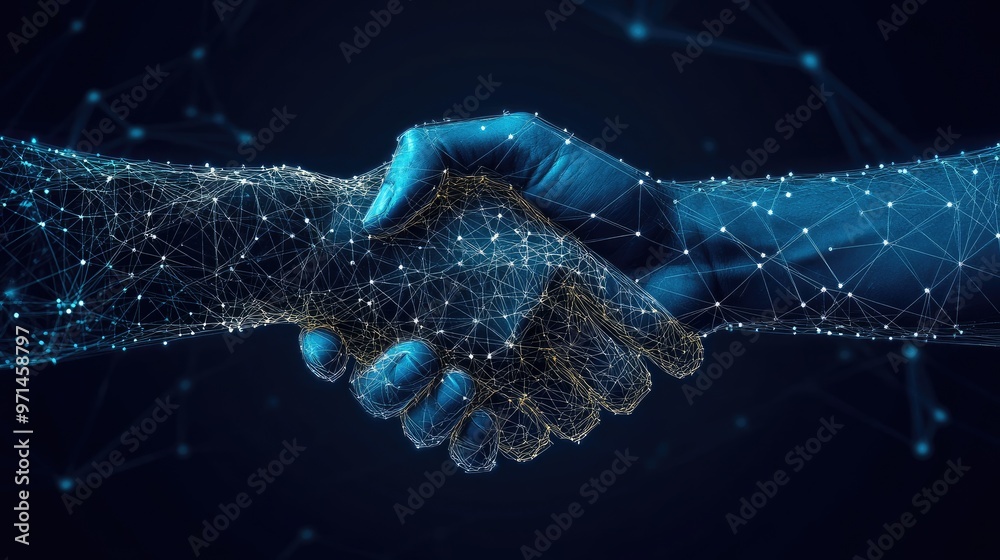 Hands shaking virtually against a smooth gradation background, illustrating the concept of digital connection and professional unity Hands shaking virtually against a smooth gradation background, illustrating the concept of digital connection and professional unity