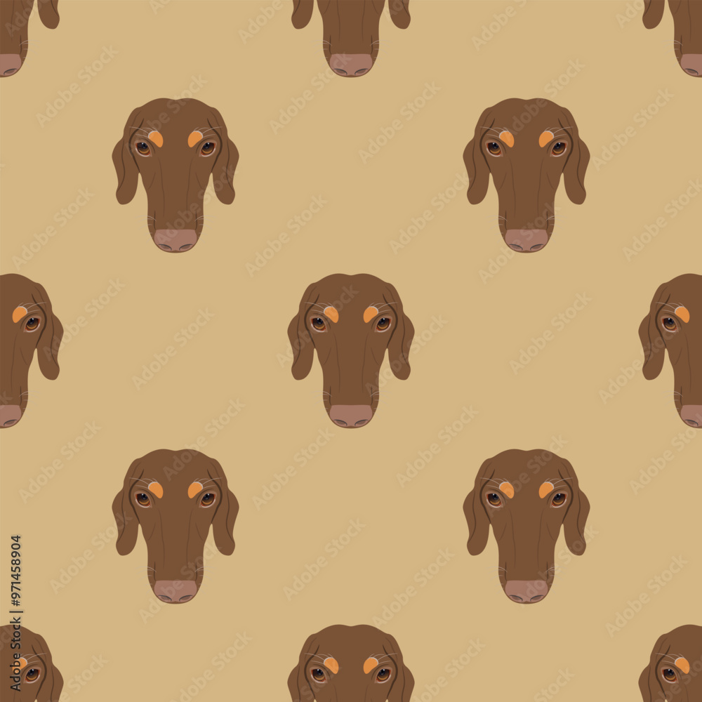 Seamless animal pattern with heads of dachshund breed dog. Canine pet portraits. Cartoon style. On yellow background. Seamless animal pattern with heads of dachshund breed dog. Canine pet portraits. Cartoon style. On yellow background.