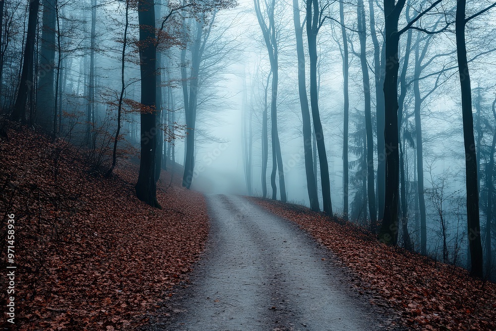 Foggy forest path during autumn morning Foggy forest path during autumn morning
