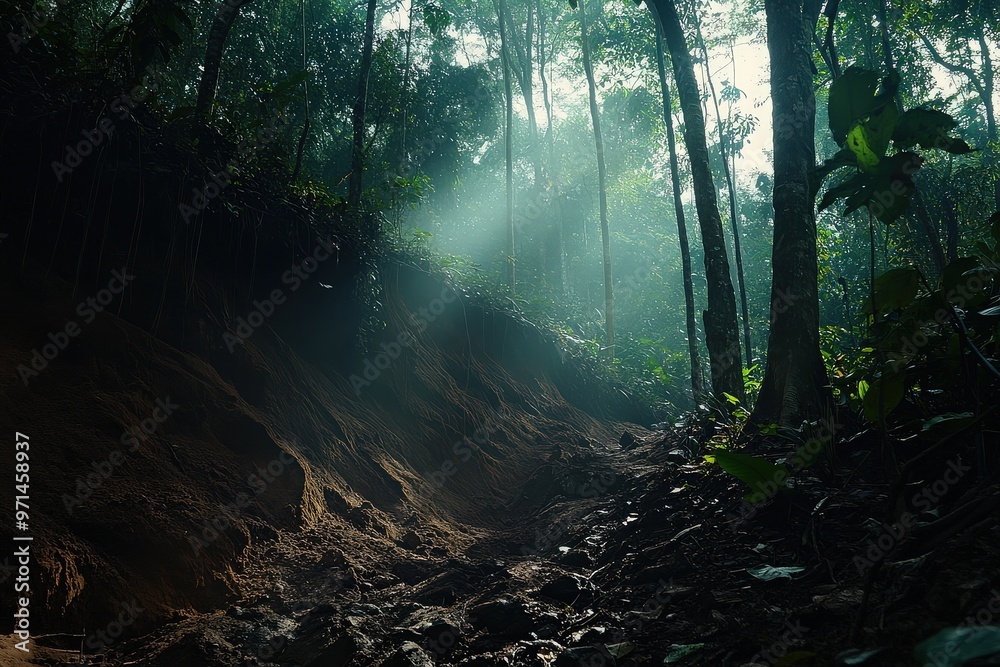 Obraz premium Sunlight streaming through dense tropical forest