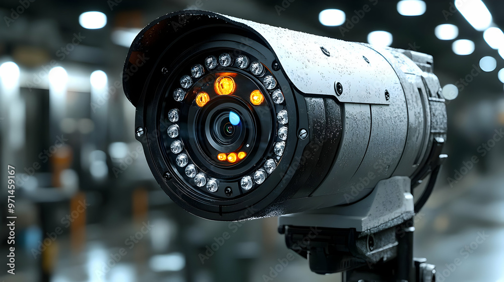 A close-up of a high-tech surveillance camera with LED indicators in a dimly lit environment. A close-up of a high-tech surveillance camera with LED indicators in a dimly lit environment.