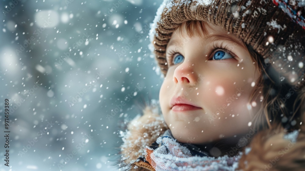 Fototapeta premium Child Looking Up at Snowflakes in Winter
