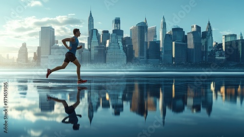 High-detailed photograph of a runner with a city skyline background, emphasizing motion and high-detail urban scenery photo