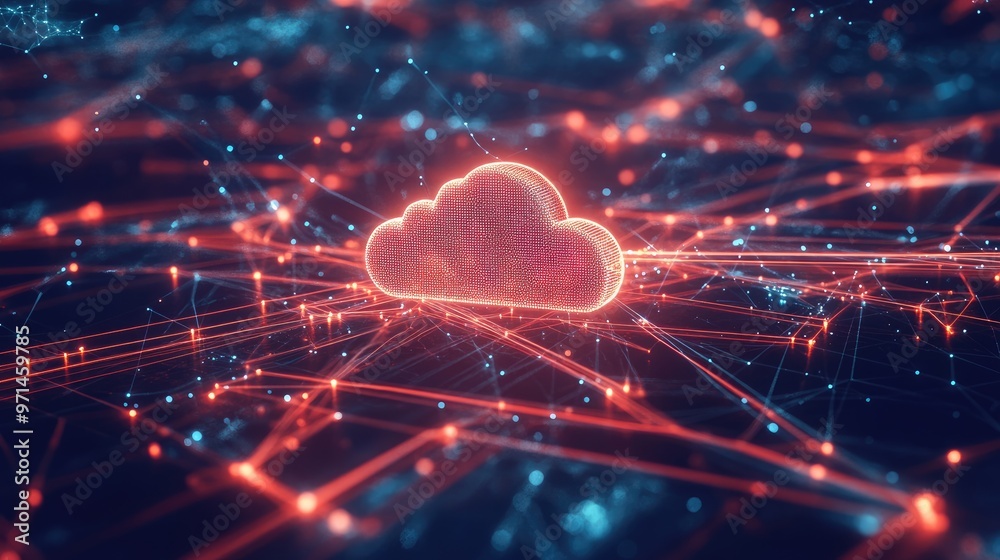 High-tech digital scene with a central cloud logo surrounded by a dynamic web of advanced data lines High-tech digital scene with a central cloud logo surrounded by a dynamic web of advanced data lines