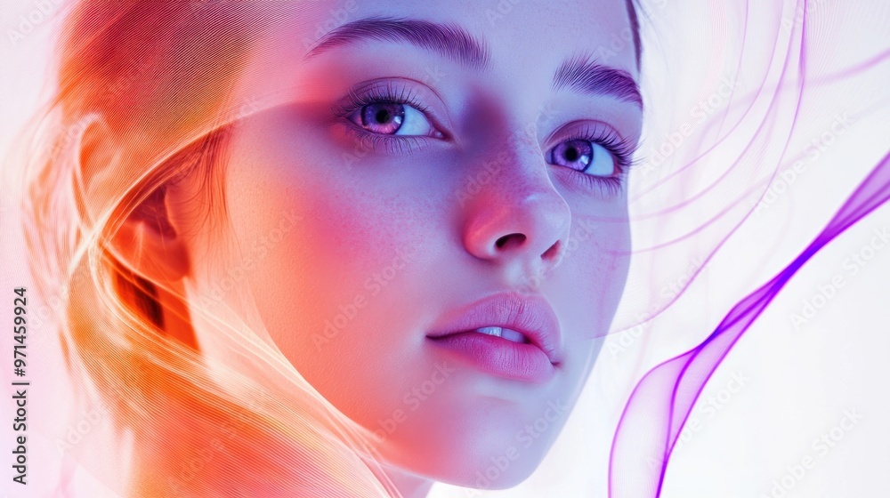 young female face in light painting, looking at the camera, light white and dark purple swirling vortexes on white background young female face in light painting, looking at the camera, light white and dark purple swirling vortexes on white background