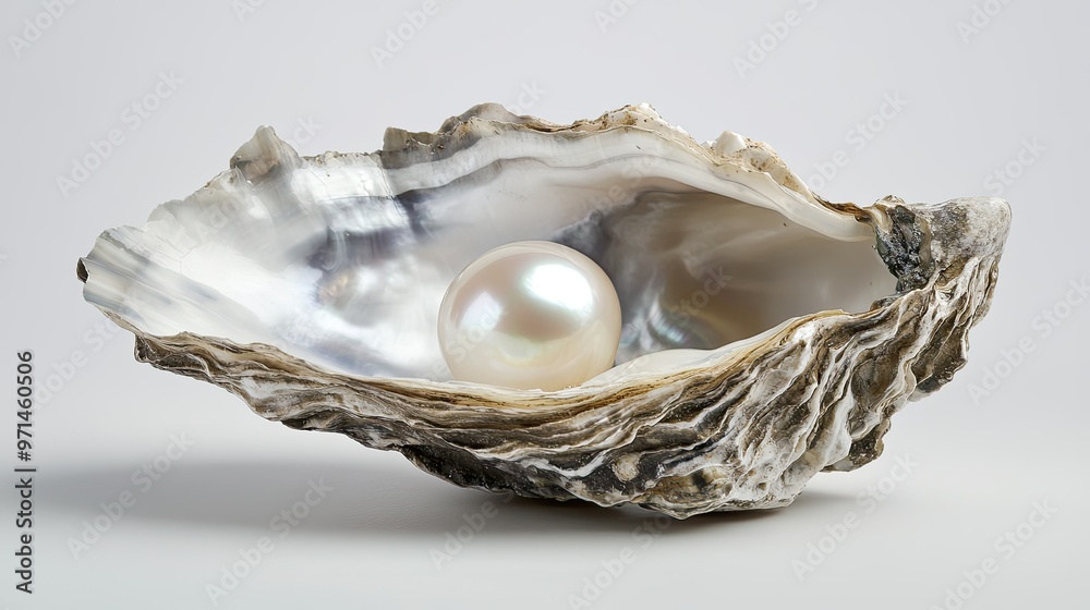 A beautiful natural pearl revealed in an open oyster shell, shimmering against the soft mother-of-pearl interior and white backdrop.