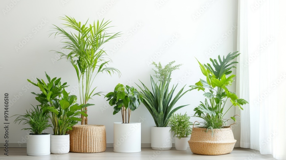 An arrangement of vibrant indoor plants in stylish pots, enhancing modern living space aesthetics with natural greenery. An arrangement of vibrant indoor plants in stylish pots, enhancing modern living space aesthetics with natural greenery.