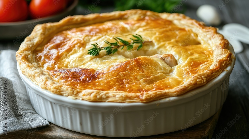 A beautifully golden chicken pot pie, its flaky crust encasing a creamy filling of chicken and vegetables. Comfort food with a hearty twist A beautifully golden chicken pot pie, its flaky crust encasing a creamy filling of chicken and vegetables. Comfort food with a hearty twist
