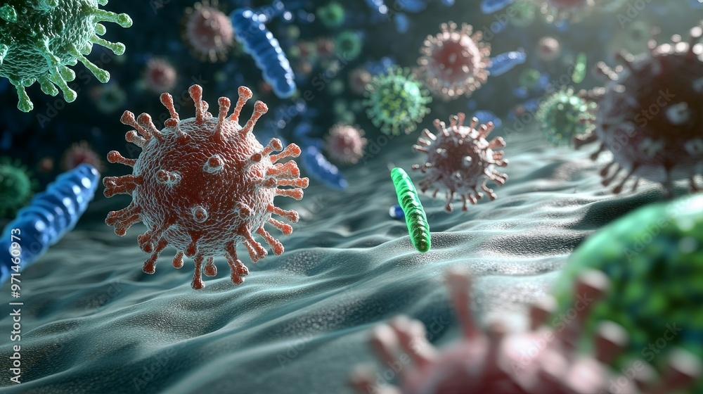Close-up view of viruses in microscopic detail, showcasing various shapes and colors against a textured background.
