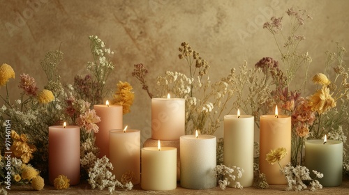 A beautifully styled display of original handmade soy wax candles, their soft, natural colors and textures highlighted by warm, glowing light.