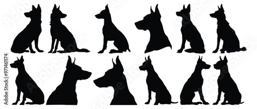 Doberman silhouettes set, dog pack of vector silhouette design, isolated background