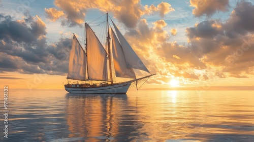 A big sailboat illuminated by the golden glow of an evening sunset, its sails full as it glides over the smooth, glassy ocean.