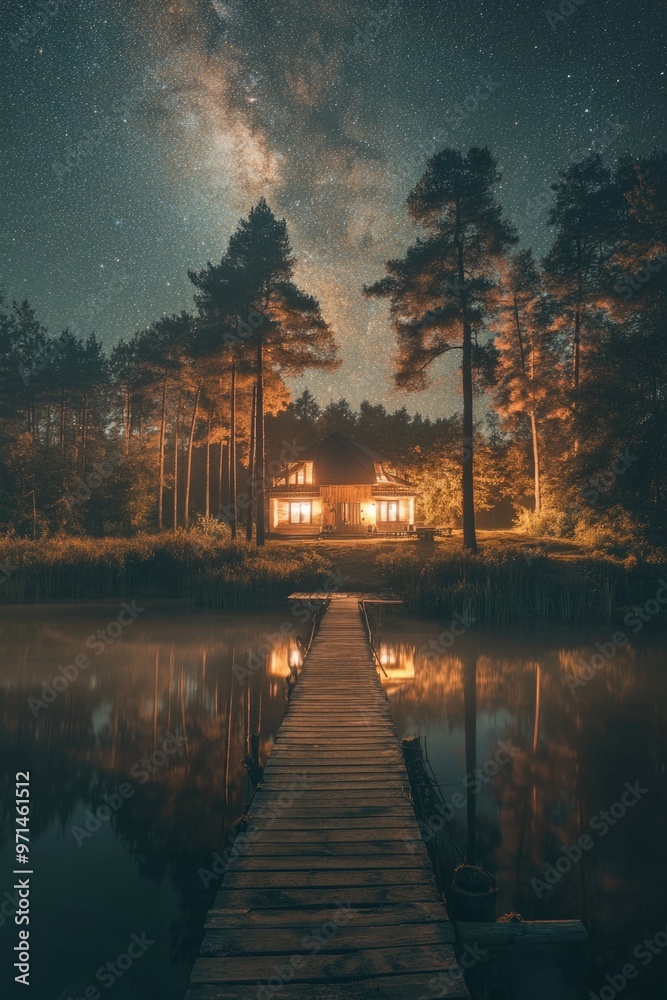 Fototapeta premium Wooden dock and cabin at night