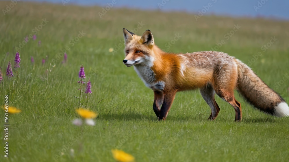 Obraz premium A red fox walking through a grassy field adorned with wildflowers.