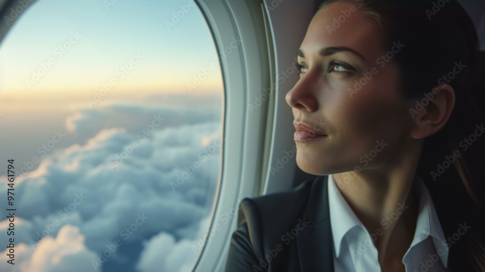 Woman Gazing at Clouds From Airplane Window Woman Gazing at Clouds From Airplane Window