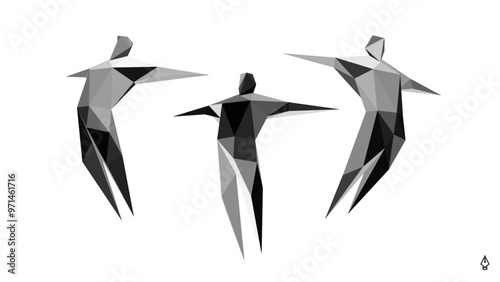 Freedom, leadership or development concept. Jumping men. The man flies away to his goal. 3D human body model. Design for sport. Vector illustration for cover, card, banner, brochure or presentation.
