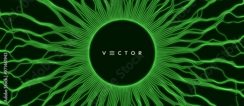 Small particles strive out of center. Space vortex. Abstract grid design. Vector illustration in technology style. Can be used for science, chemistry or education.