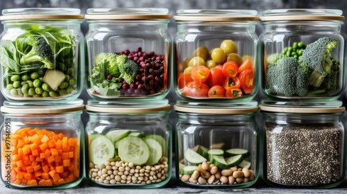 Healthy Food Storage in Glass Jars: Fresh Vegetables & Chia Seeds