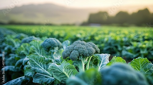 A broccoli field in the early morning, the plants standing tall with their green heads. Broccoli is a Brassica oleracea cultivar, closely related to cabbage and cauliflower photo