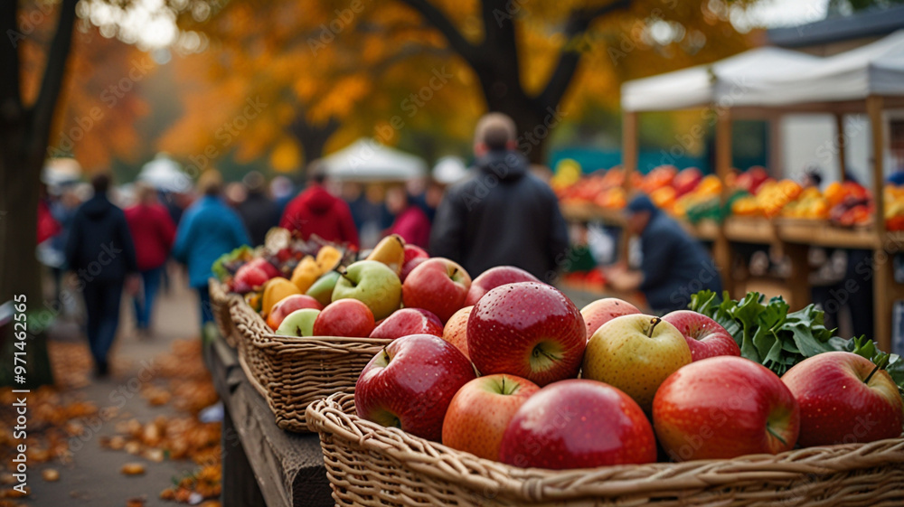 A busy Autumn Festival market with stalls selling produce, crafts, and food. In the foreground is a beautifully arranged basket filled with vibrant red apples, golden gourds, A busy Autumn Festival market with stalls selling produce, crafts, and food. In the foreground is a beautifully arranged basket filled with vibrant red apples, golden gourds,