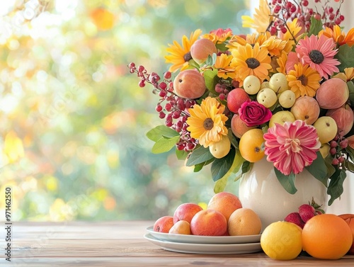 Thanksgiving table adorned with vibrant seasonal fruits and foliage, adding color and freshness A natural, harvestinspired setting perfect for celebrating the bounty of the season photo