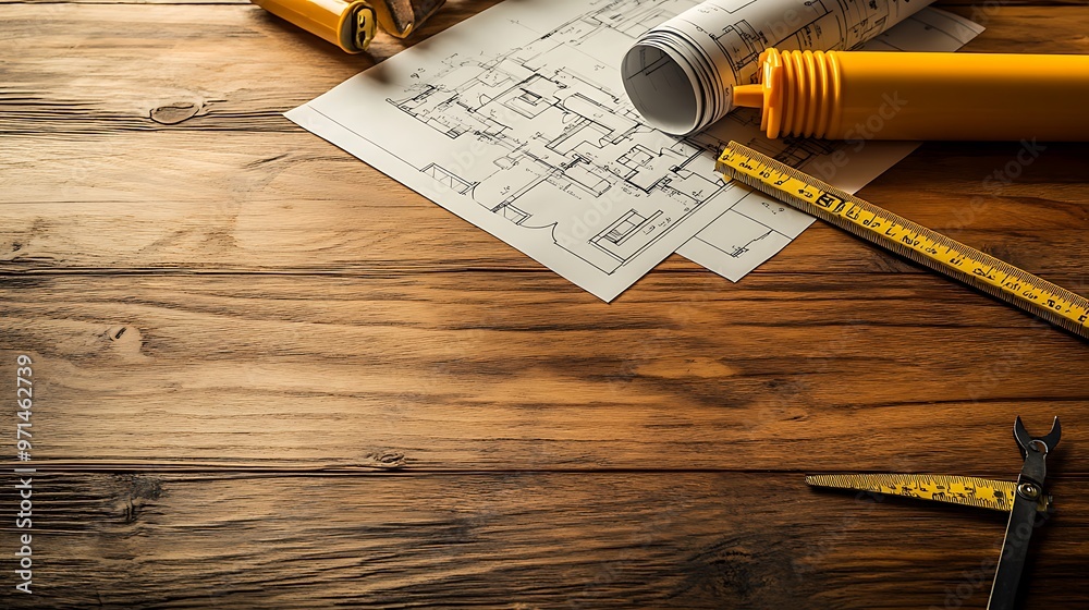 Fototapeta premium Architectural blueprints of a house spread out on a wooden table with construction tools and a scale ruler placed on top
