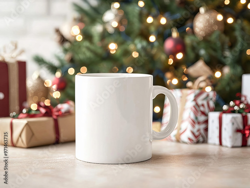 Blank mug in front of a decorated Christmas tree, surrounded by gifts and twinkling lights, festive mockup setting