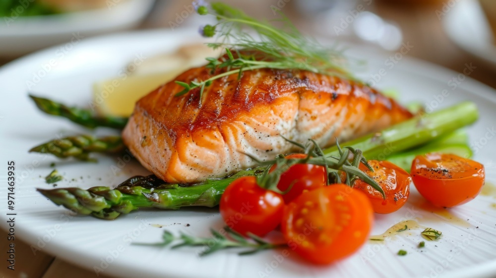 Grilled Salmon with Asparagus and Cherry Tomatoes: A Delicious and Healthy Meal Grilled Salmon with Asparagus and Cherry Tomatoes: A Delicious and Healthy Meal