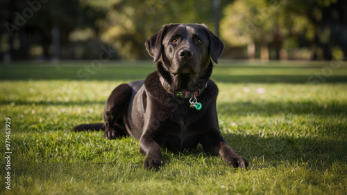 A portrait of a guide dog for the blind. A happy Labrador sitting there patiently waiting for it owner. 