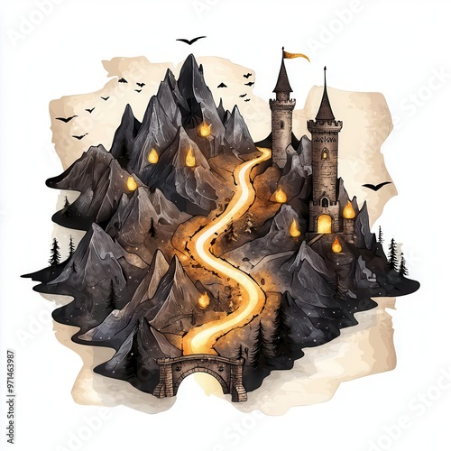 A magical map with glowing paths, enchanted artifact, watercolor style, soft colors, isolated on white background photo