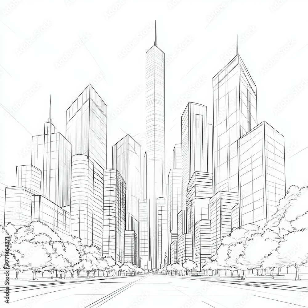 Sketch of Modern City Skyline with Trees and Street Sketch of Modern City Skyline with Trees and Street