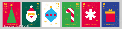 Christmas card templates.Icons in abstract geometric flat style.Winter poster set.Christmas toy, Santa, Christmas tree, Candy Cane and snowflake.Season's greetings.Happy holidays.Vector illustration.