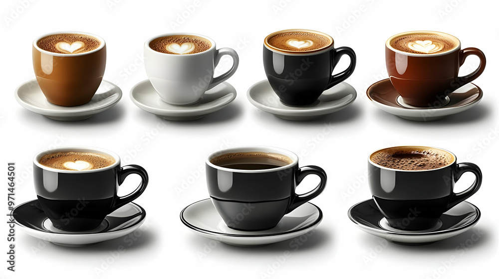 A collection of coffee cups featuring latte art on a white background. A collection of coffee cups featuring latte art on a white background.