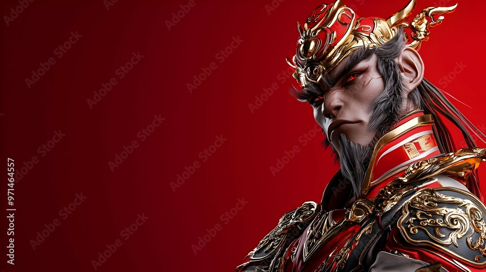 Powerful Chinese Monkey King Warrior Portrait in Red and Gold Powerful Chinese Monkey King Warrior Portrait in Red and Gold