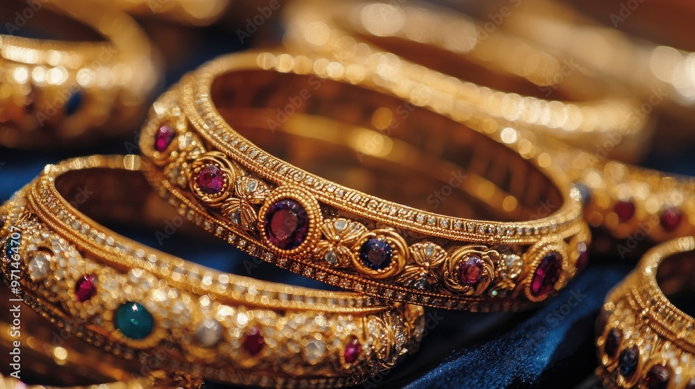 Fototapeta premium A close-up of intricately designed Indian gold bangles, featuring detailed patterns and gemstone accents, displayed on a velvet surface, showcasing traditional craftsmanship