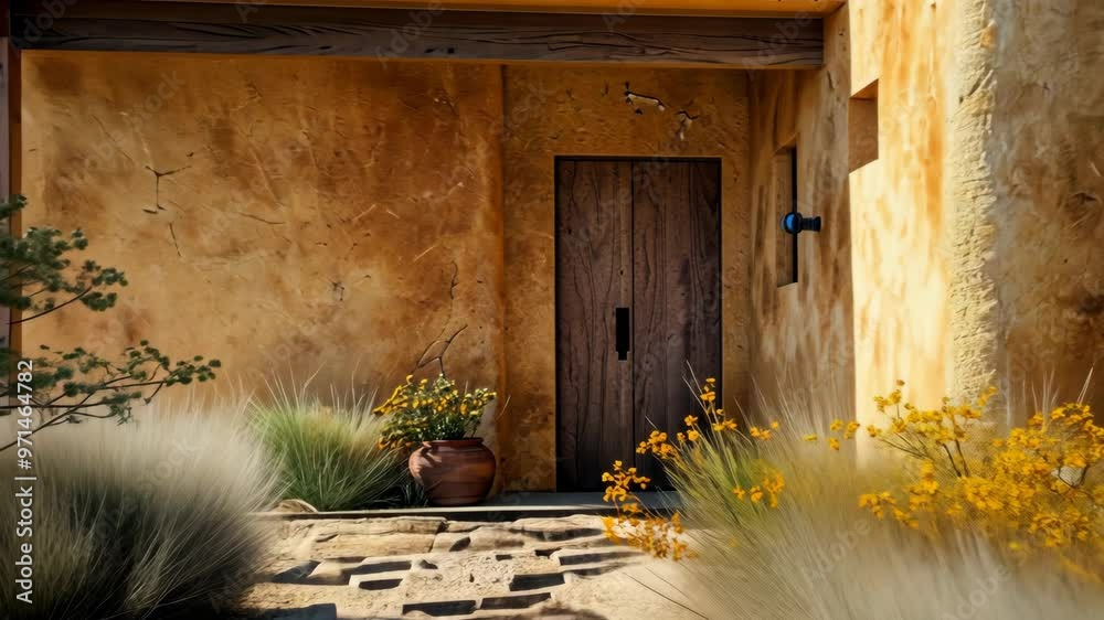 Exploring a serene desert home entrance with vibrant greenery and natural textures in Arizona during golden hour